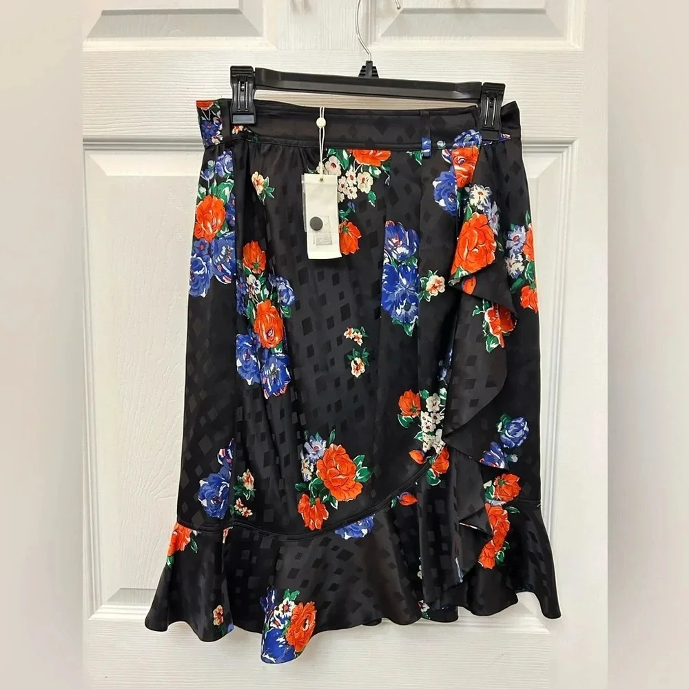 Tory Burch Womens Ruffled Floral Silk Jacquard Skirt 6 Navy Tea Rose - NWT $498